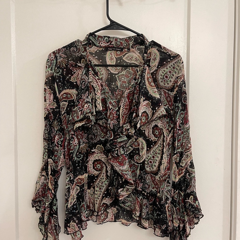 Vintage Whimseygoth Fairycore Y2K Violet Claire Black Paisley Ruffle Blouse